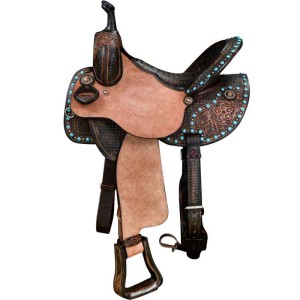 A speed western saddle featuring roughout leather and tooled leather accents, with turquoise stones, customizable seat size, color, and personalized conchos